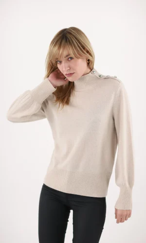 Pull Col Cheminée Boutons Epaules Manches Longues Cachemire Avec Lurex