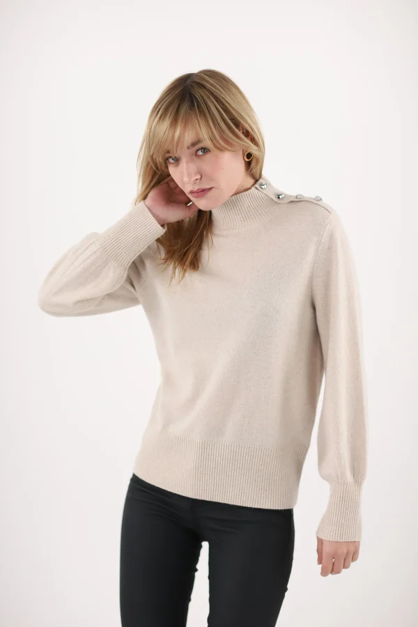 Pull Col Cheminée Boutons Epaules Manches Longues Cachemire Avec Lurex