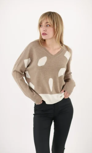 Pull Col V Manches Longues Avec Motifs Bande Bas Cachemire