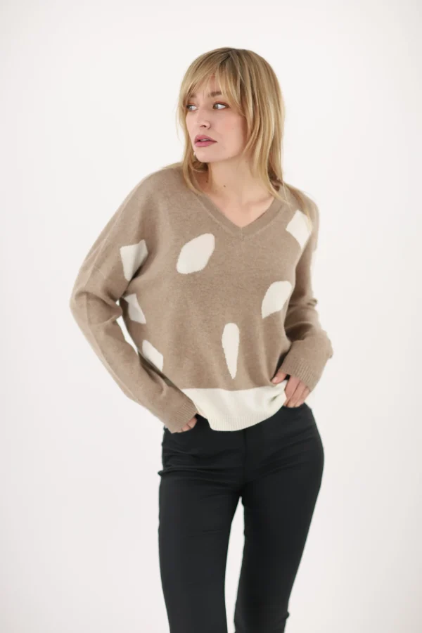 Pull Col V Manches Longues Avec Motifs Bande Bas Cachemire