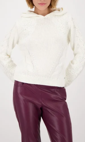 Pull Col Rond À Capuche Manches Longues Torsades Dentelle Et Strass