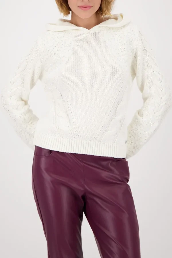 Pull Col Rond À Capuche Manches Longues Torsades Dentelle Et Strass
