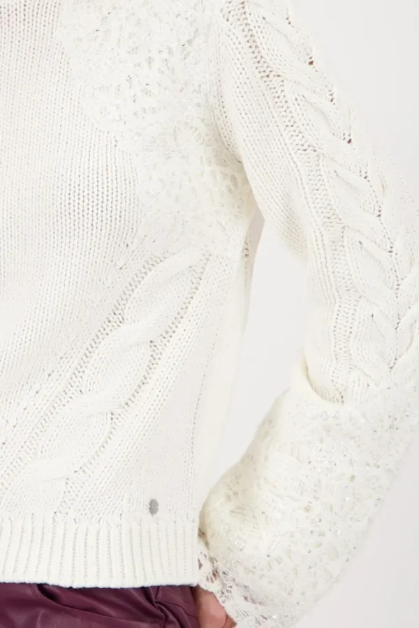 Pull Col Rond À Capuche Manches Longues Torsades Dentelle Et Strass – Image 4