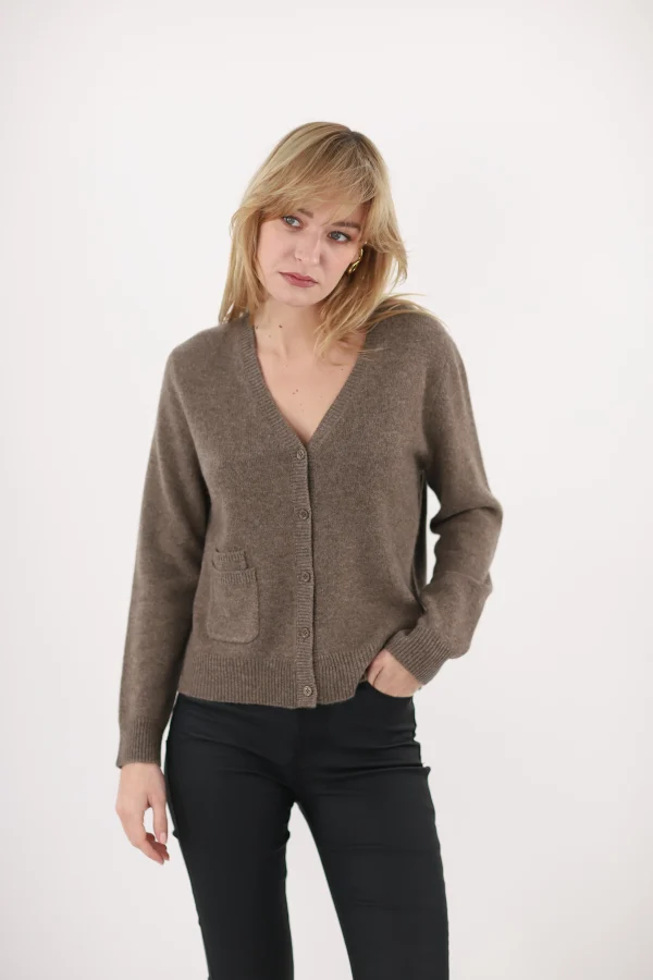 Gilet Col V Manches Longues Boutonné Deux Poches Uni Cachemire