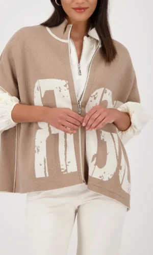 Gilet Cape Col Montant Manches Courtes Zippé Strass Jacquard Réversible Deux Poches