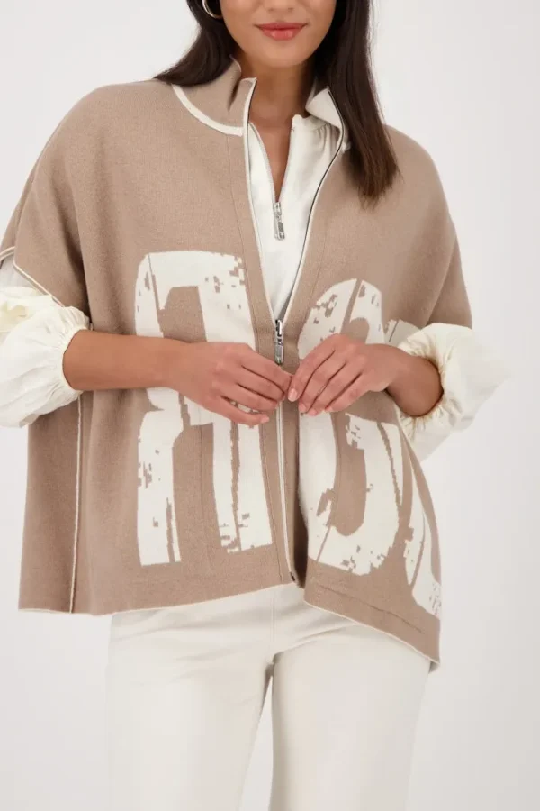 Gilet Cape Col Montant Manches Courtes Zippé Strass Jacquard Réversible Deux Poches