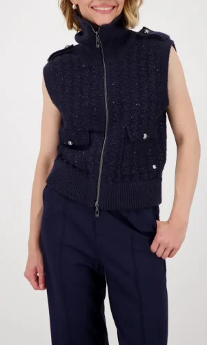 Gilet Sans Manches Zippé Col Camionneur Paillettes Uni Deux Poches Relief Pied De Coq