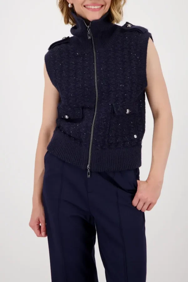 Gilet Sans Manches Zippé Col Camionneur Paillettes Uni Deux Poches Relief Pied De Coq