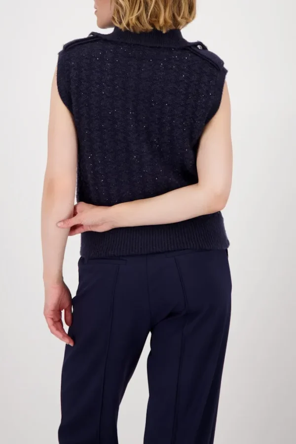Gilet Sans Manches Zippé Col Camionneur Paillettes Uni Deux Poches Relief Pied De Coq – Image 3