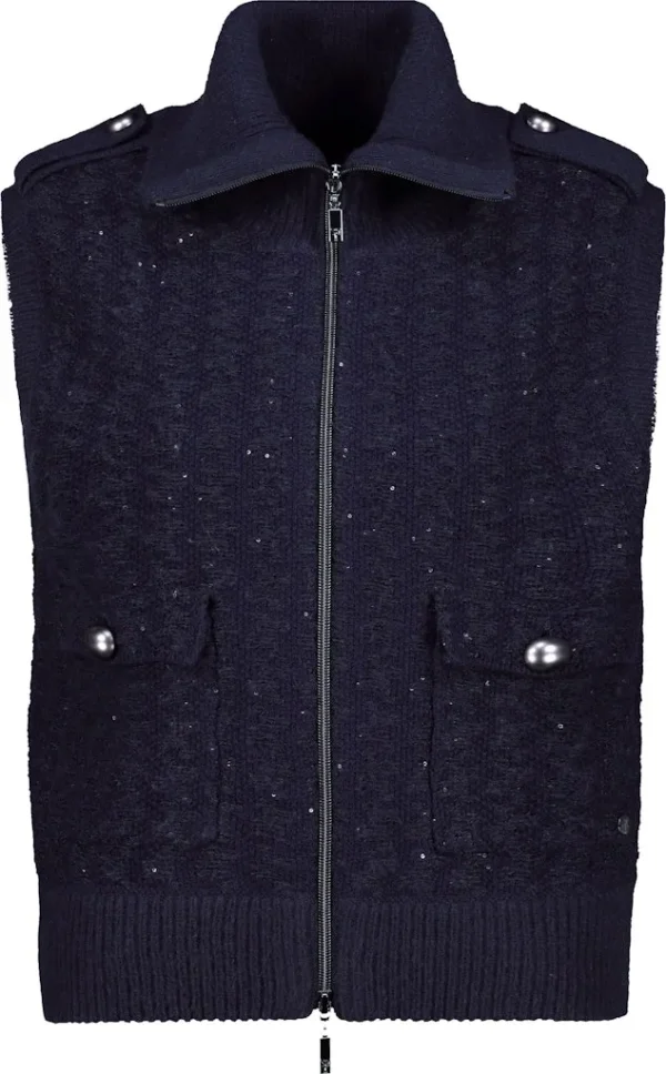 Gilet Sans Manches Zippé Col Camionneur Paillettes Uni Deux Poches Relief Pied De Coq – Image 6