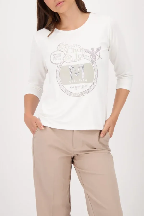 Tee Shirt Col Rond Manches Trois Quarts Motif Placé Strass