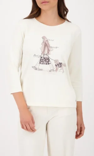 Tee Shirt Col Rond Manches Trois-quarts Motif Placé Promeneuse Avec Chien