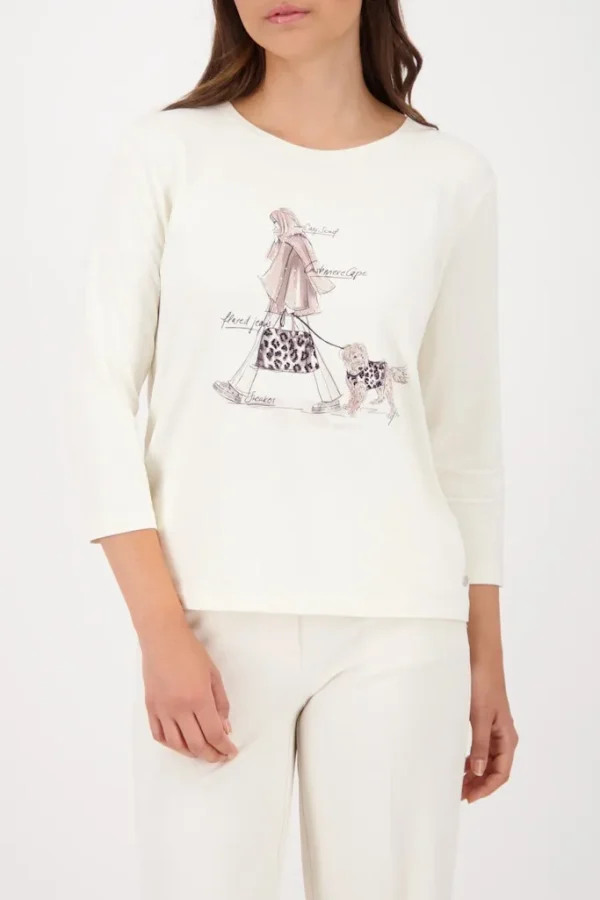 Tee Shirt Col Rond Manches Trois-quarts Motif Placé Promeneuse Avec Chien
