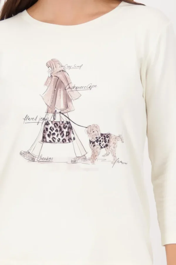 Tee Shirt Col Rond Manches Trois-quarts Motif Placé Promeneuse Avec Chien – Image 4
