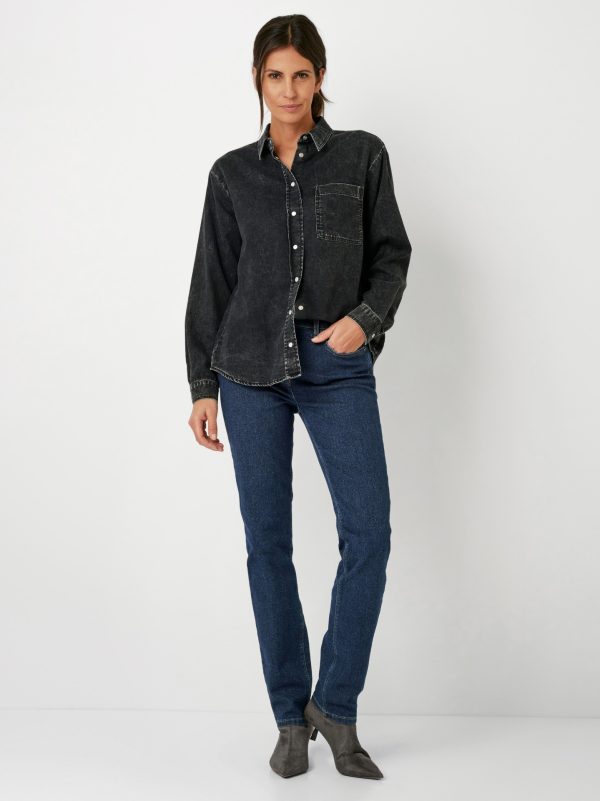 Pantalon Jean Long Taille Moyenne Slim Quatres Poches Uni