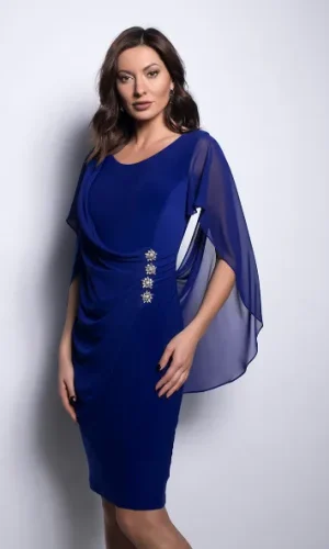 Robe Longueur Genoux Col Rond Manches Courtes Voile Drappé Strass