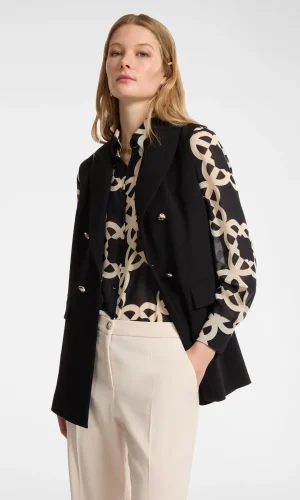 Blazer Mi-long Crêpe Sans Manches Pression Deux Poches Boutons Dorés Uni
