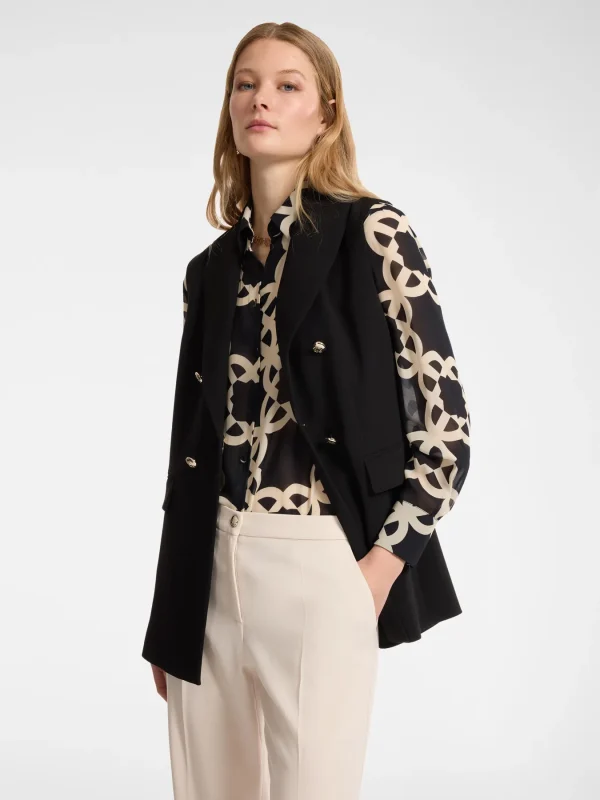 Blazer Mi-long Crêpe Sans Manches Pression Deux Poches Boutons Dorés Uni