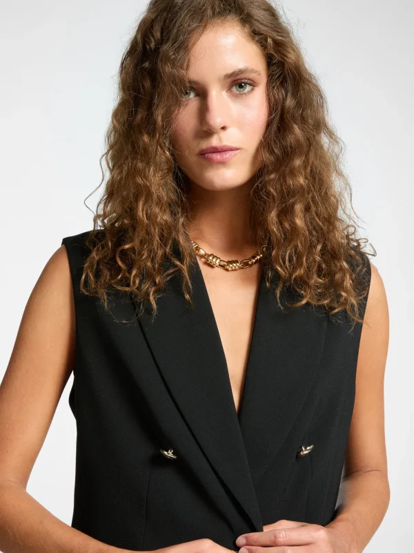 Blazer Mi-long Crêpe Sans Manches Pression Deux Poches Boutons Dorés Uni – Image 8
