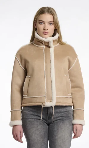 Blouson Fourré Court Aviateur Col Montant Manches Longues Zippé Deux Poches Uni