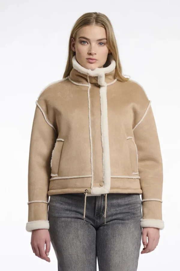 Blouson Fourré Court Aviateur Col Montant Manches Longues Zippé Deux Poches Uni