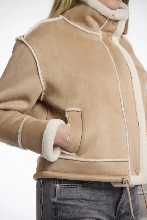 Blouson Fourré Court Aviateur Col Montant Manches Longues Zippé Deux Poches Uni – Image 2