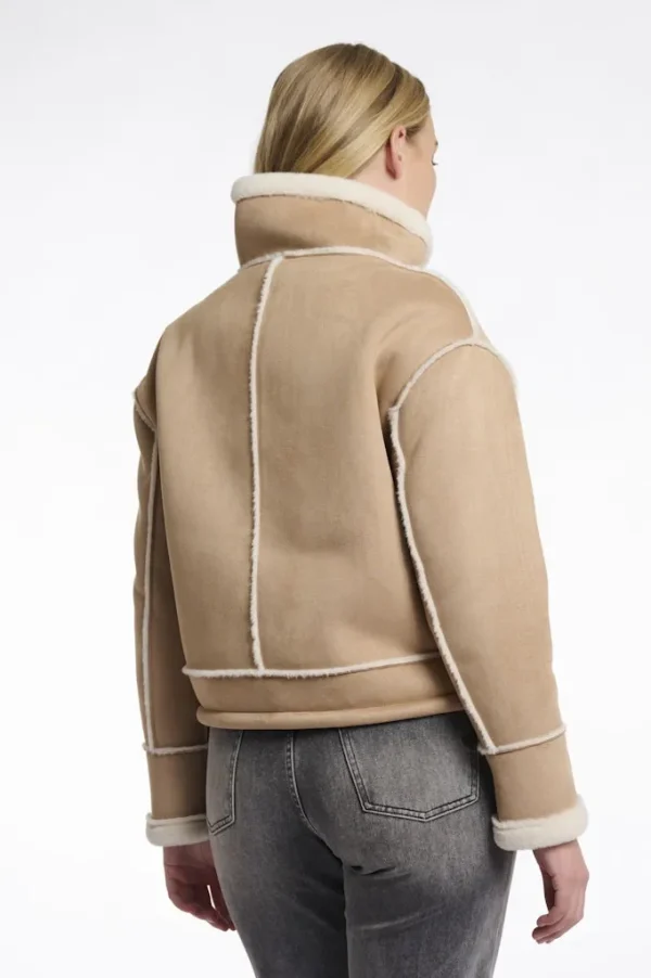 Blouson Fourré Court Aviateur Col Montant Manches Longues Zippé Deux Poches Uni – Image 3