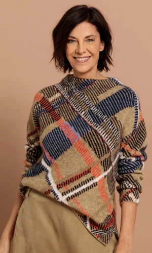 Pull Col Montant Manches Longues Imprimé Carreaux