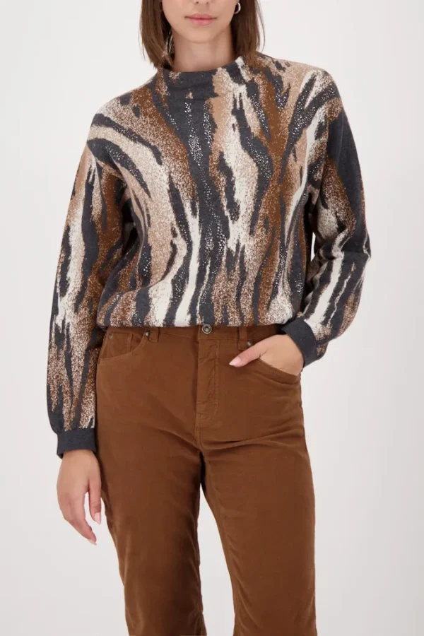 Pull Col Montant Manches Longues Imprimé Zèbre Strass