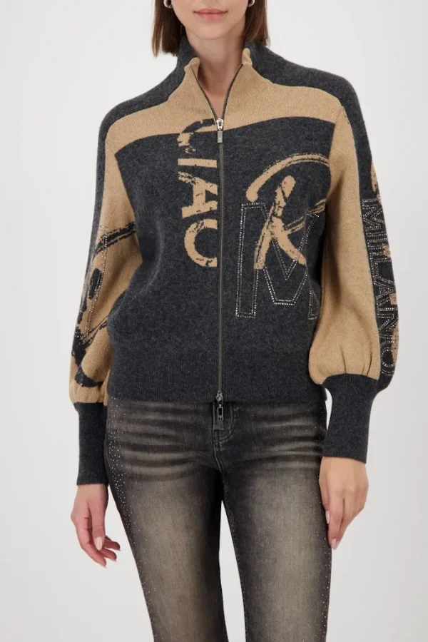 Gilet Col Montant Manches Longues Zippé Maille Milano Strass Bicolore