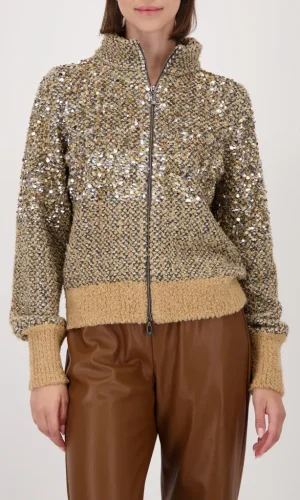 Gilet Col Montant Manches Longues Zippé Maille Chinée Paillettes