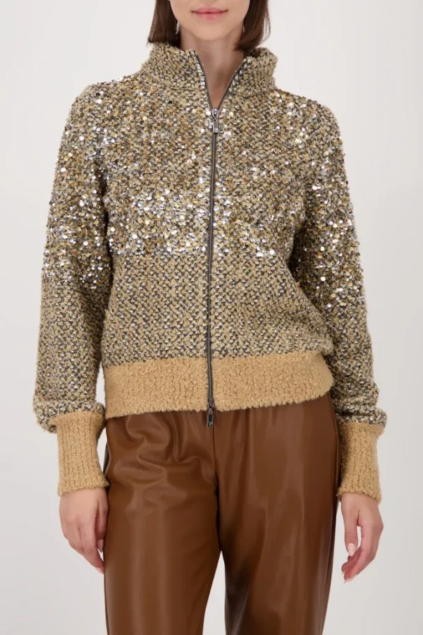 Gilet Col Montant Manches Longues Zippé Maille Chinée Paillettes