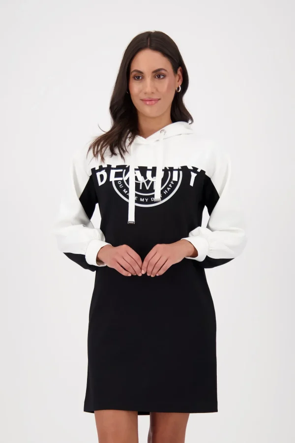 Robe Longueur Genoux Col Boule Manches Longues À Capuche Bicolore Motif Placé