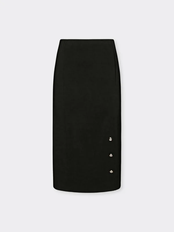 Jupe Longueur Midi Taille Moyenne Elastique Boutons Dorés Fente Unie – Image 5