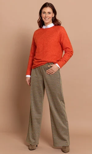 Pantalon Long Droit Taille Moyenne Elastique Ceinture Motif Pied De Poule