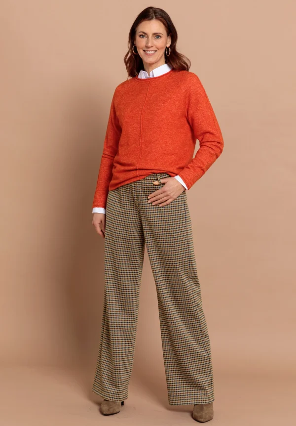 Pantalon Long Droit Taille Moyenne Elastique Ceinture Motif Pied De Poule