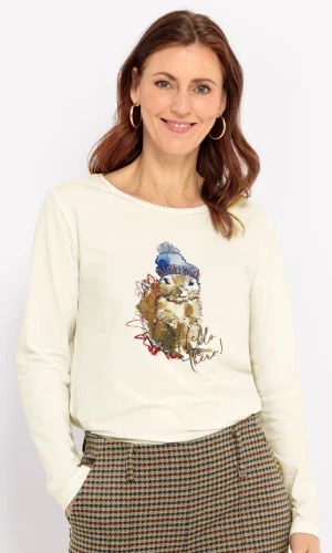 Tee Shirt Col Rond Manches Longues Motif Placé Ecureuil