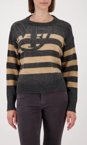 Pull Col Rond Manches Longues Rayé Motif Placé