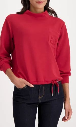 Sweat Col Montant Manches Longues Poche avec Motif Placé Cordons Bas Uni