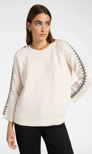 Pull Col Rond Manches Trois-Quarts Raglantes Brodés Bicolores