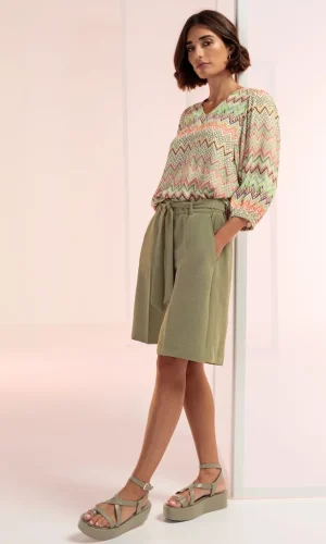 Blouse Col V Manches Trois-quarts Elastiques Fluide Imprimée