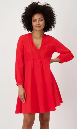 Robe Longueur Genoux Col V Manches Longues Brodée Fluide