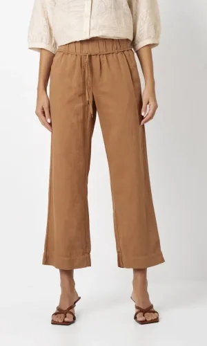 Pantalon Sept-huitième Taille Moyenne Elastique Cordon Fluide Deux Poches Uni