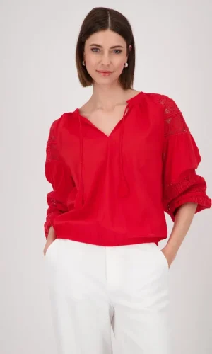 Blouse Col V Cordons Manches Longues Elastiques Dentelle Unie