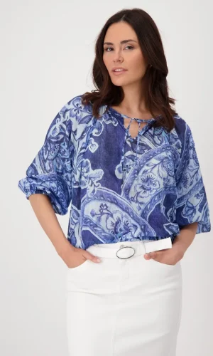 Blouse Col V Cordons Manches Trois-quarts Elastiques Imprimée Fluide