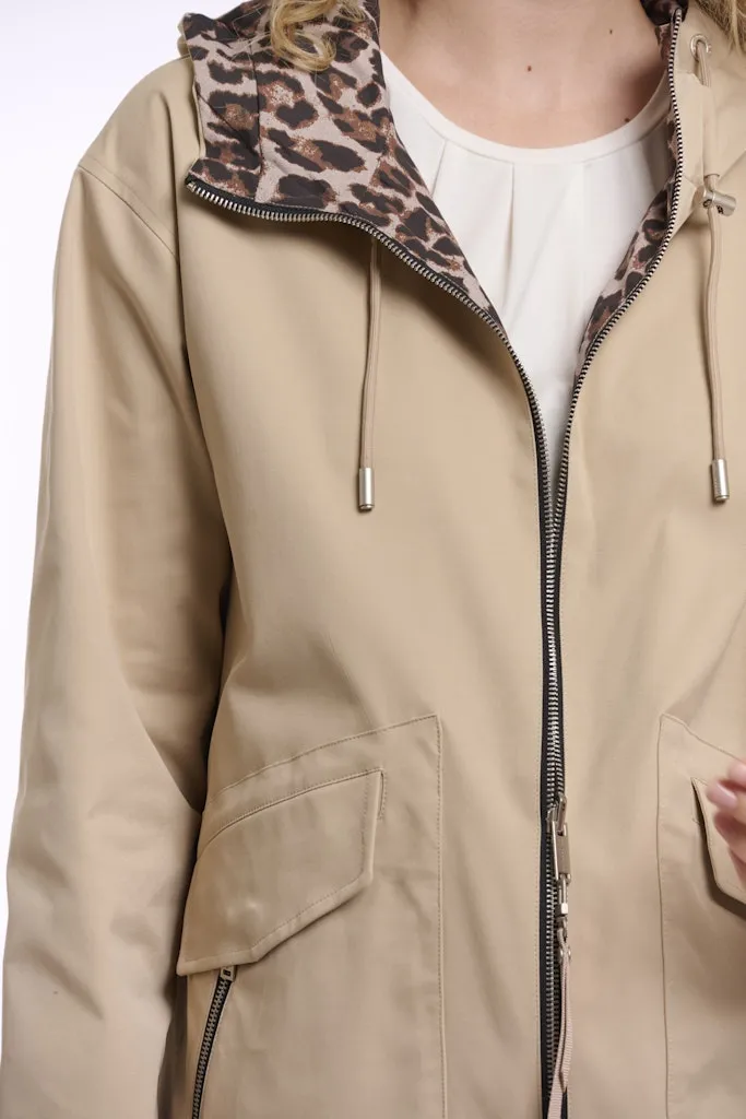 Parka Mi Longue A Capuche Zippée Manches Longues Quatre Poches Réversible Léopard Coton – Image 2