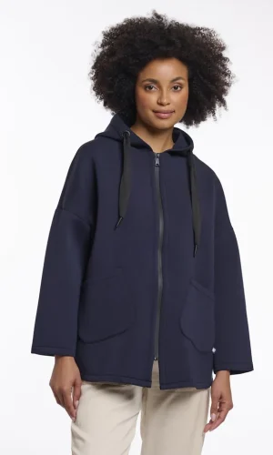 Veste Mi-longue Manches Longues A Capuche Cordons Zippée Deux Poches Unie