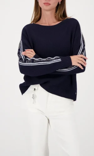 Pull Col Rond Manches Longues Bandes Strass Uni Coton