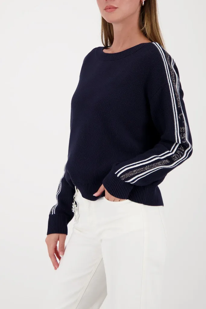 Pull Col Rond Manches Longues Bandes Strass Uni Coton – Image 2