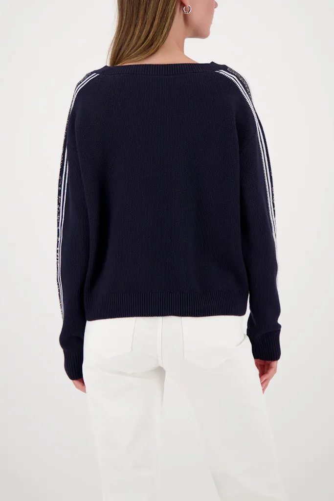 Pull Col Rond Manches Longues Bandes Strass Uni Coton – Image 3